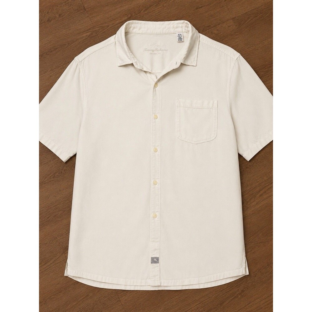 Tommy Bahama Original Fit Silk Beige Solid Pocket Button-Up Shirt Men’s L